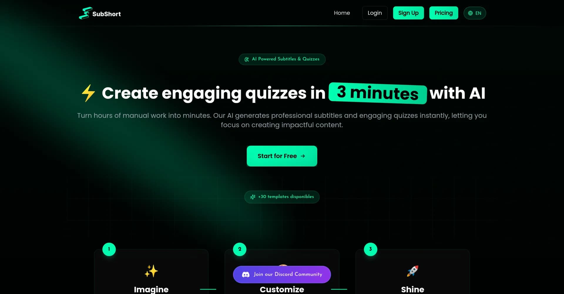 SubShort homepage screenshot — Create engaging video quizzes in minutes with AI