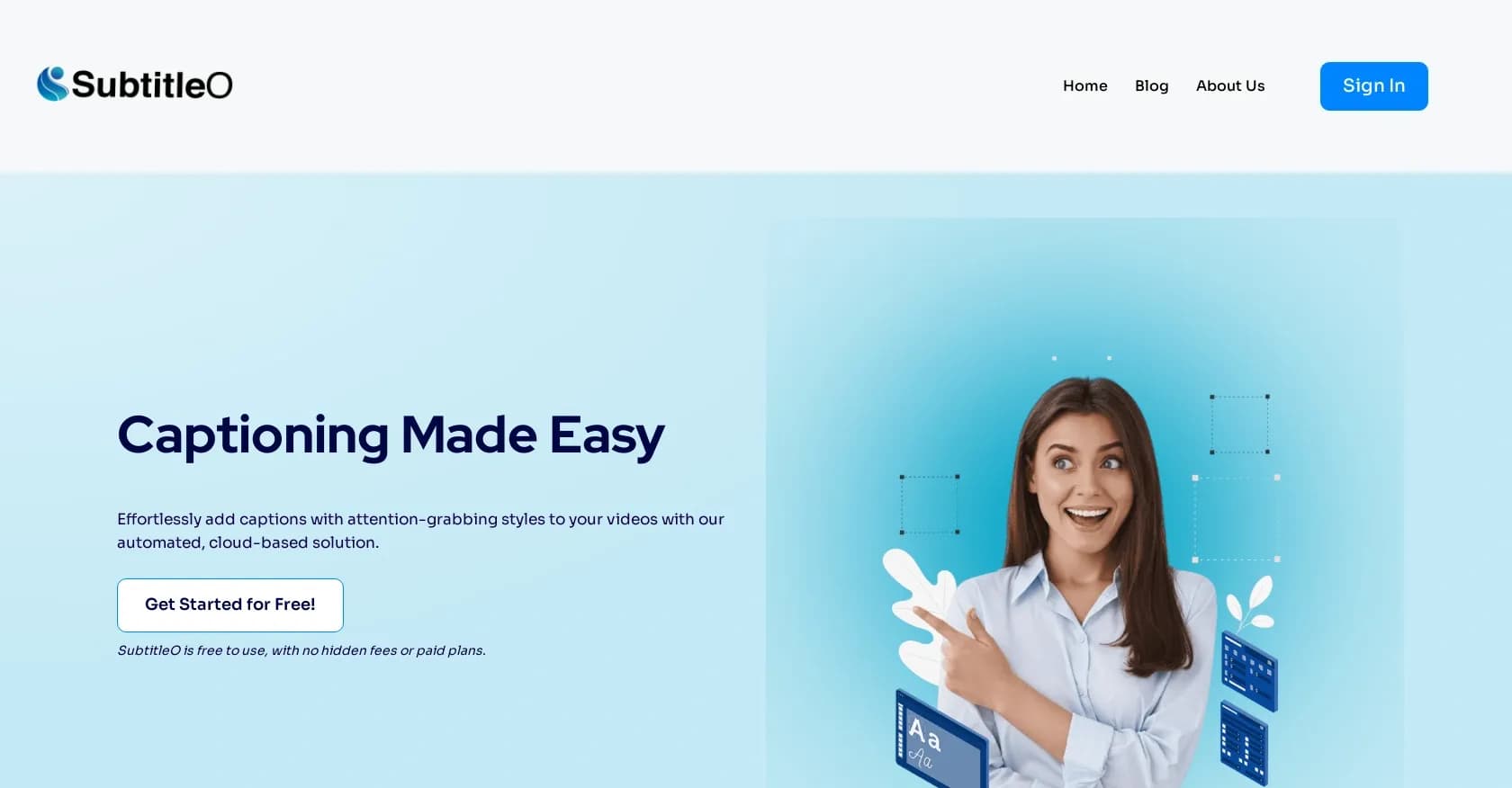 SubtitleO homepage screenshot — Effortlessly add captions to videos with AI.