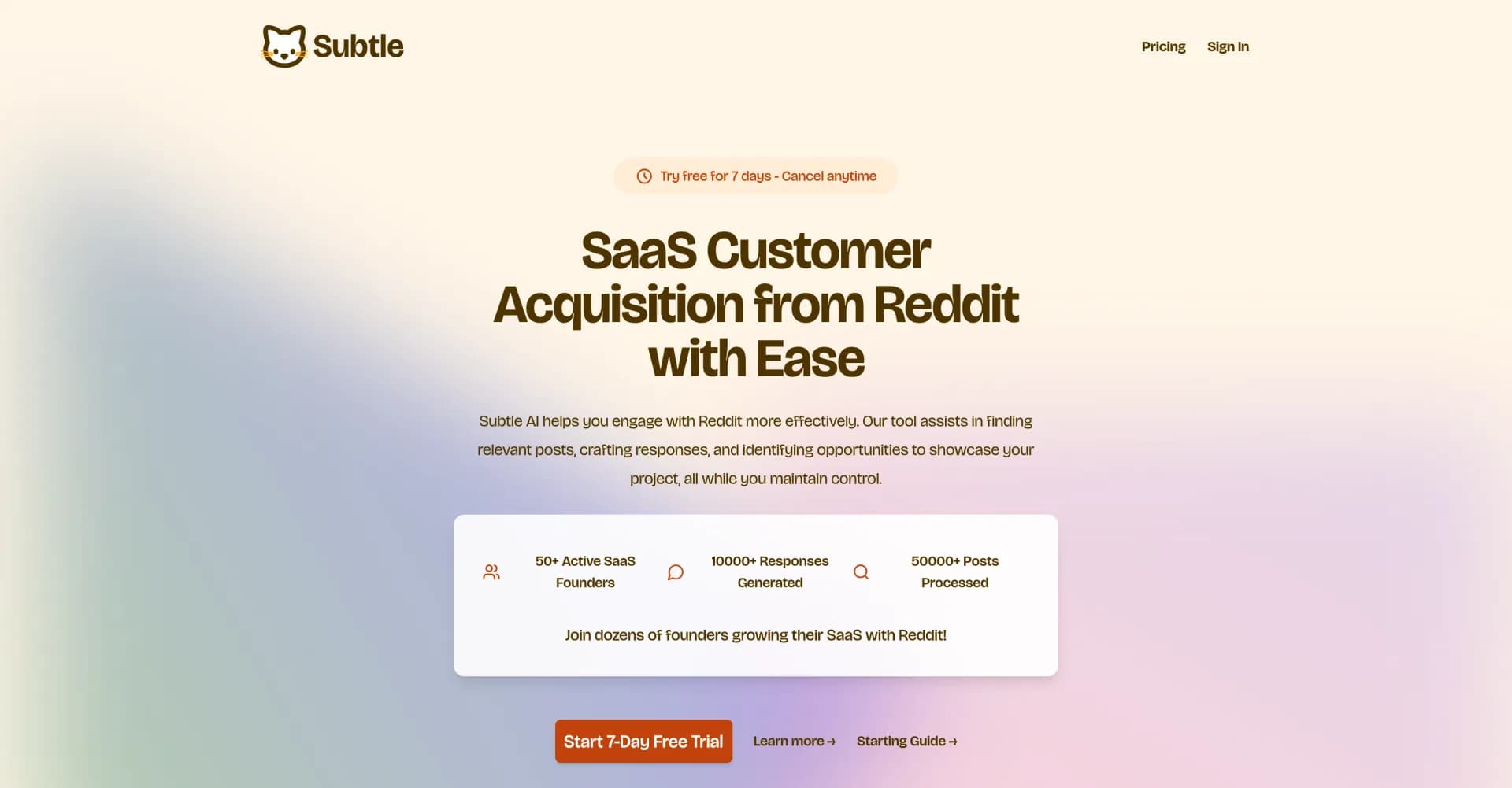 Subtle homepage screenshot — AI-powered lead generation from Reddit