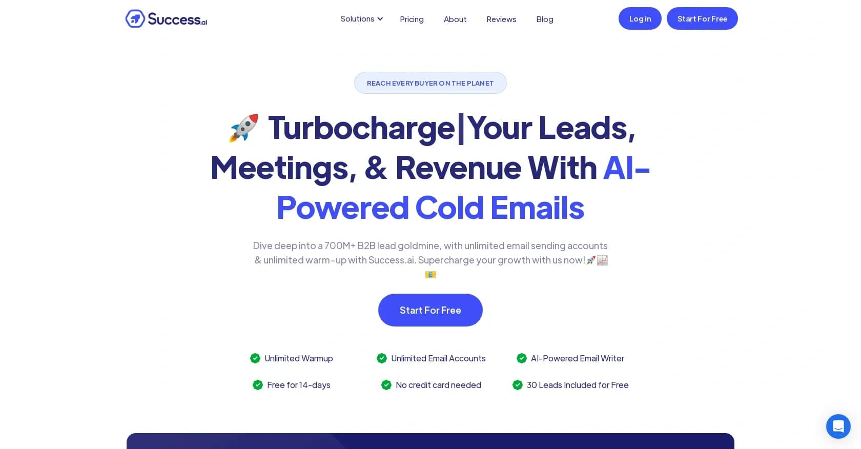 Success.ai homepage screenshot — Turbocharge growth with AI-powered cold emails and B2B leads