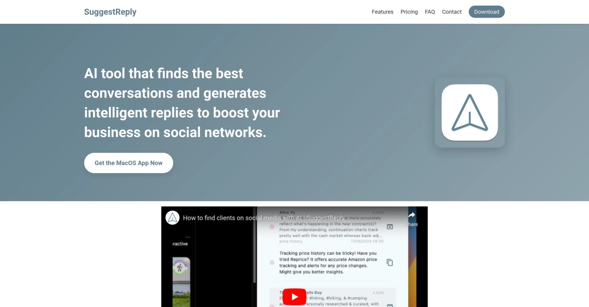 SuggestReply homepage screenshot — AI-powered social replies to boost your business