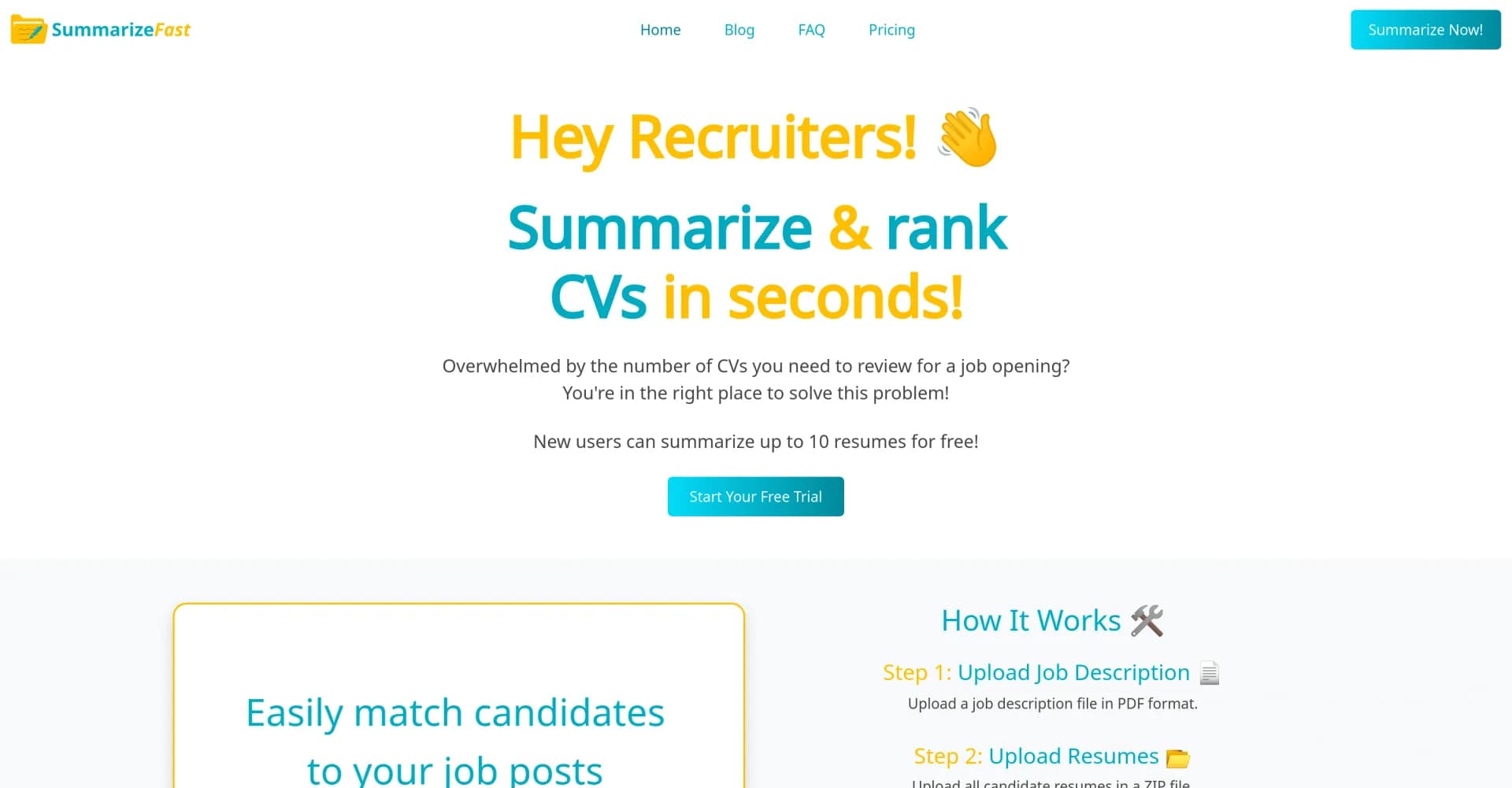 SummarizeFast homepage screenshot — AI-powered CV summarization and ranking in seconds.