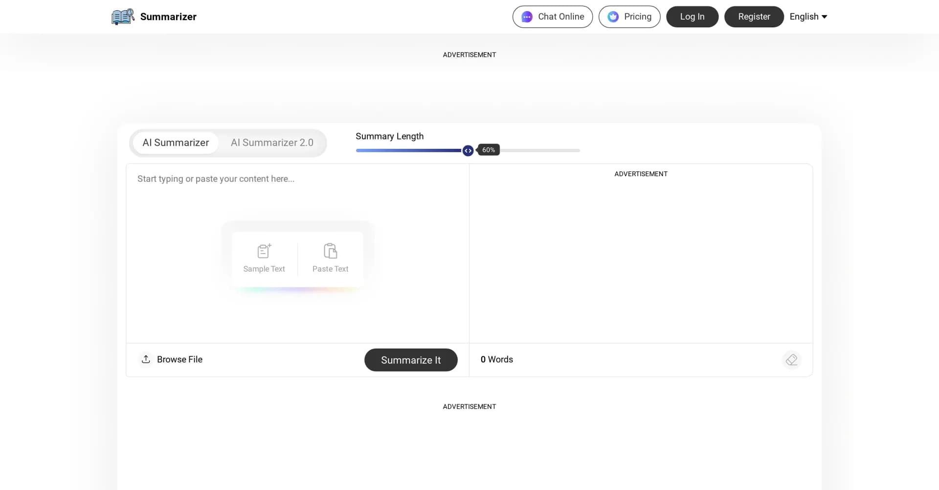 Summarizer.org homepage screenshot — Instantly summarize any text with key points.
