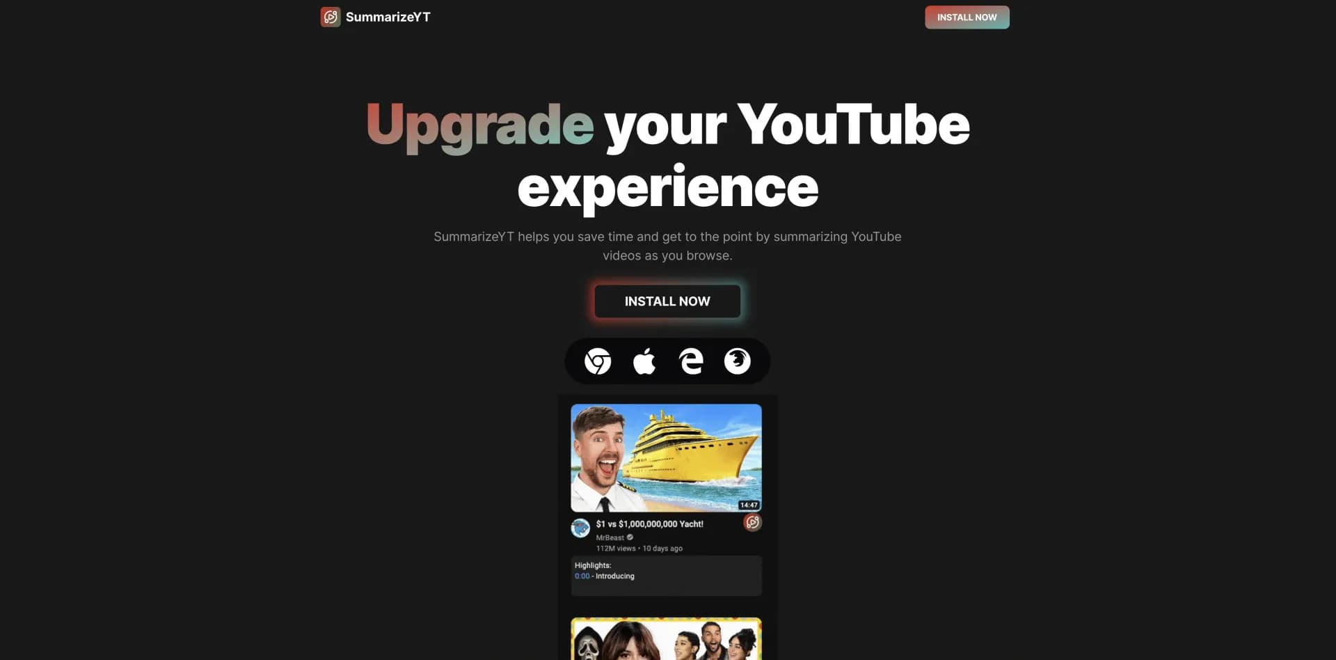 SummarizeYT homepage screenshot — YouTube summaries at your fingertips.
