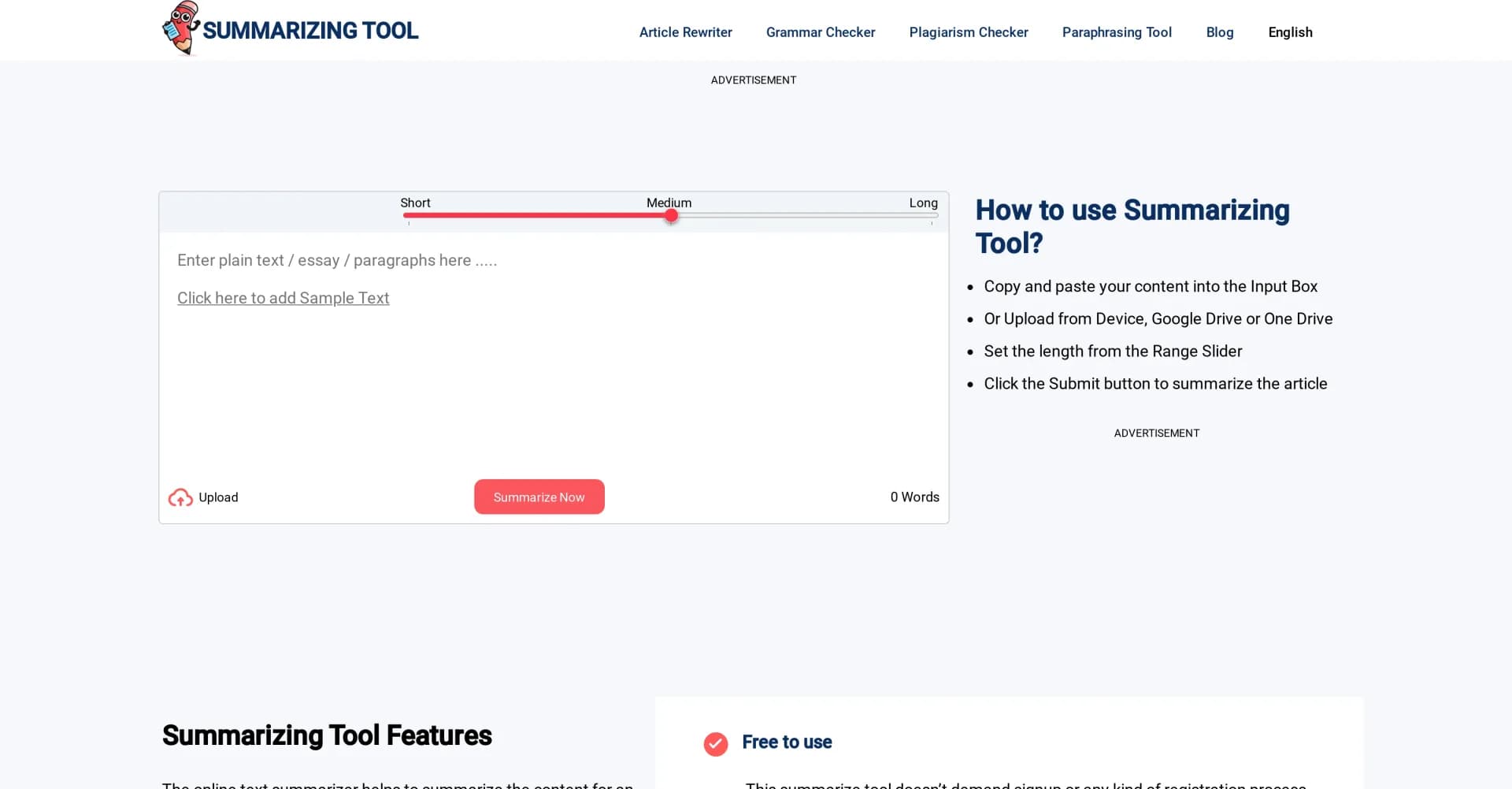 Summarizing Tool homepage screenshot — Turn long texts into crisp summaries instantly.