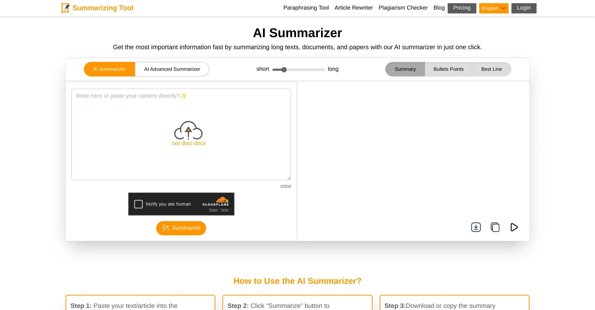 Summarizing Tool.io homepage screenshot — Distill articles into essential insights instantly.
