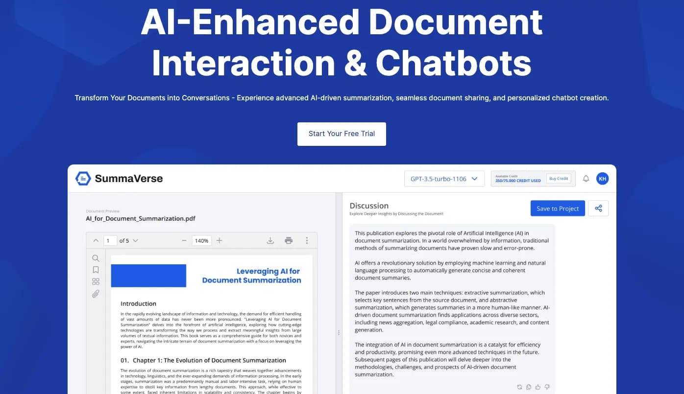 SummaVerse homepage screenshot — AI-for Document Interaction & Chatbots Creation