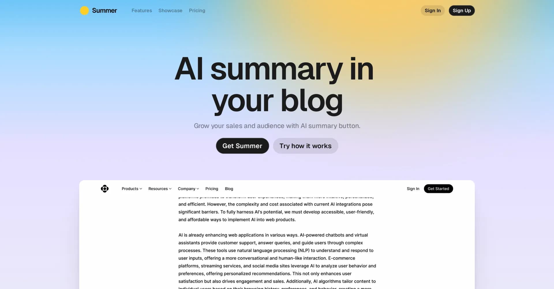 Summer AI homepage screenshot — Grow audience with AI summary button for blogs.