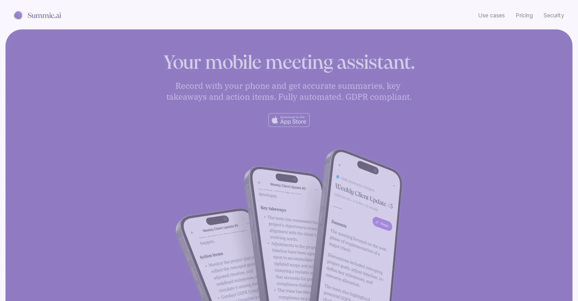 Summie homepage screenshot — Mobile assistant for instant meeting summaries.