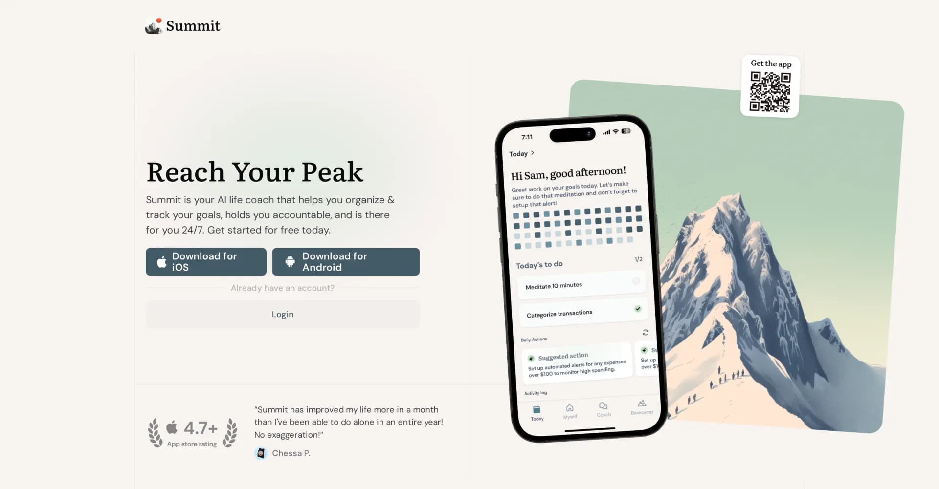 Summit homepage screenshot — AI life coach to achieve your goals