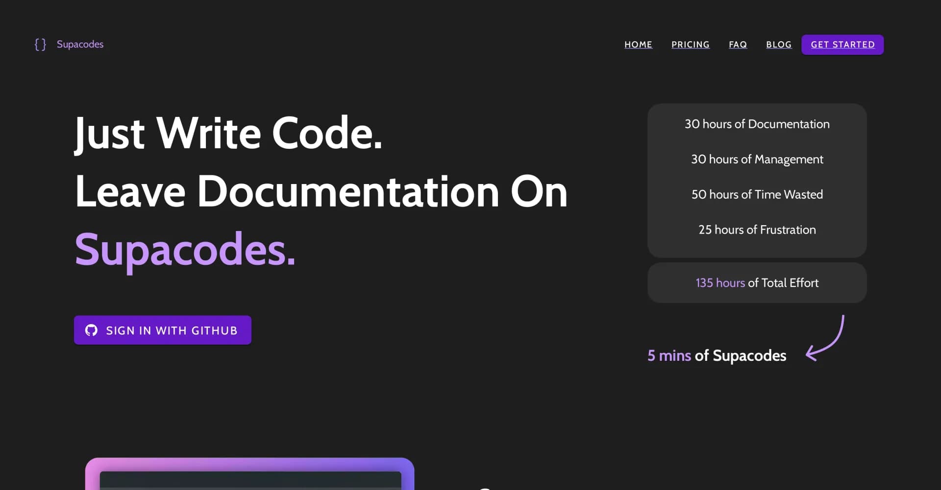 Supacodes homepage screenshot — Auto-generate code docs in GitHub, boost dev productivity.