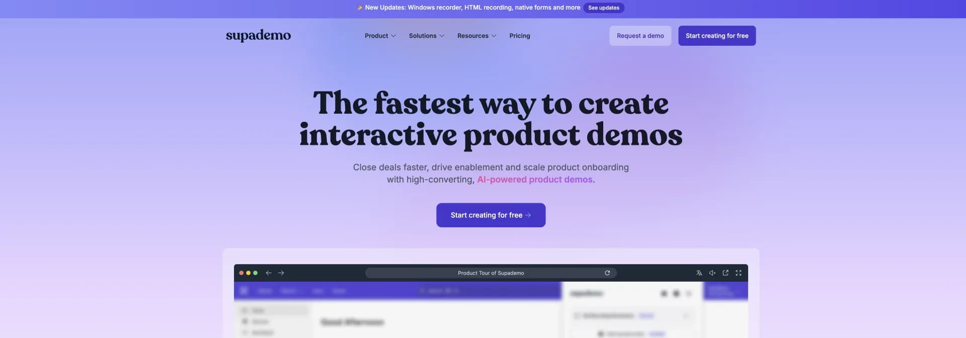 Supademo homepage screenshot — Create engaging interactive demos and guides with AI