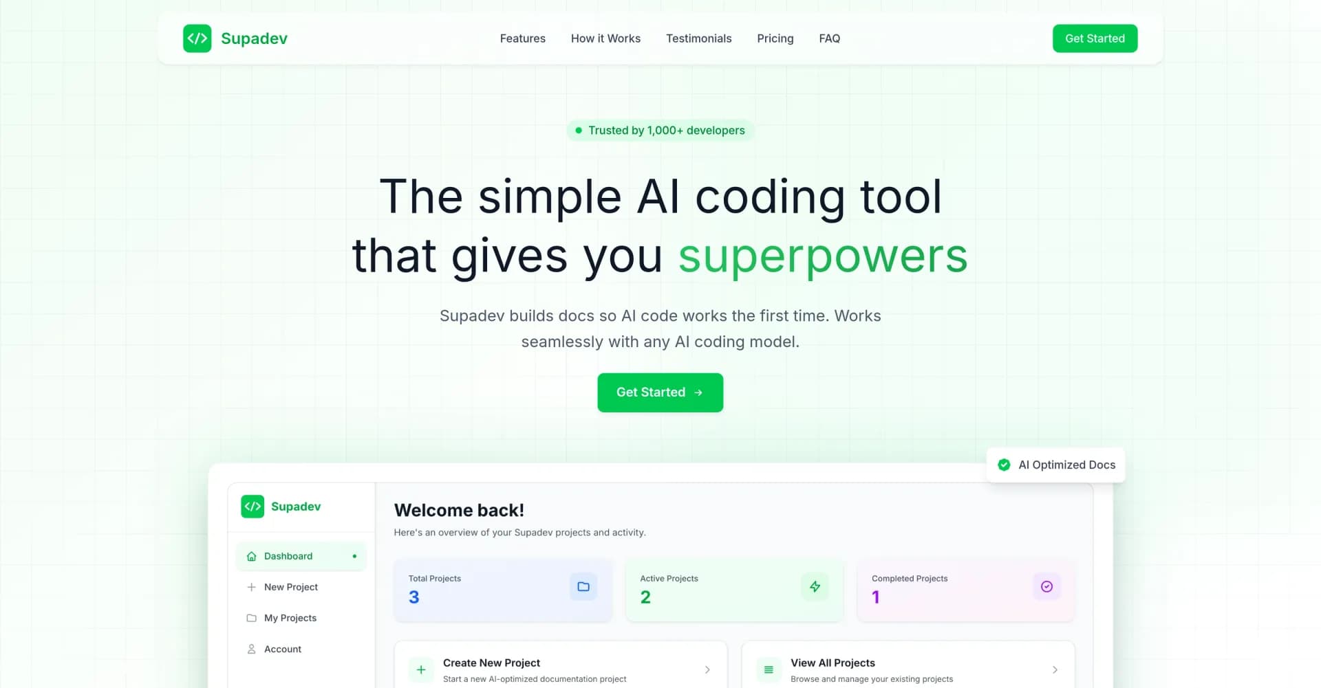 Supadev homepage screenshot — Build docs so AI code works first time.