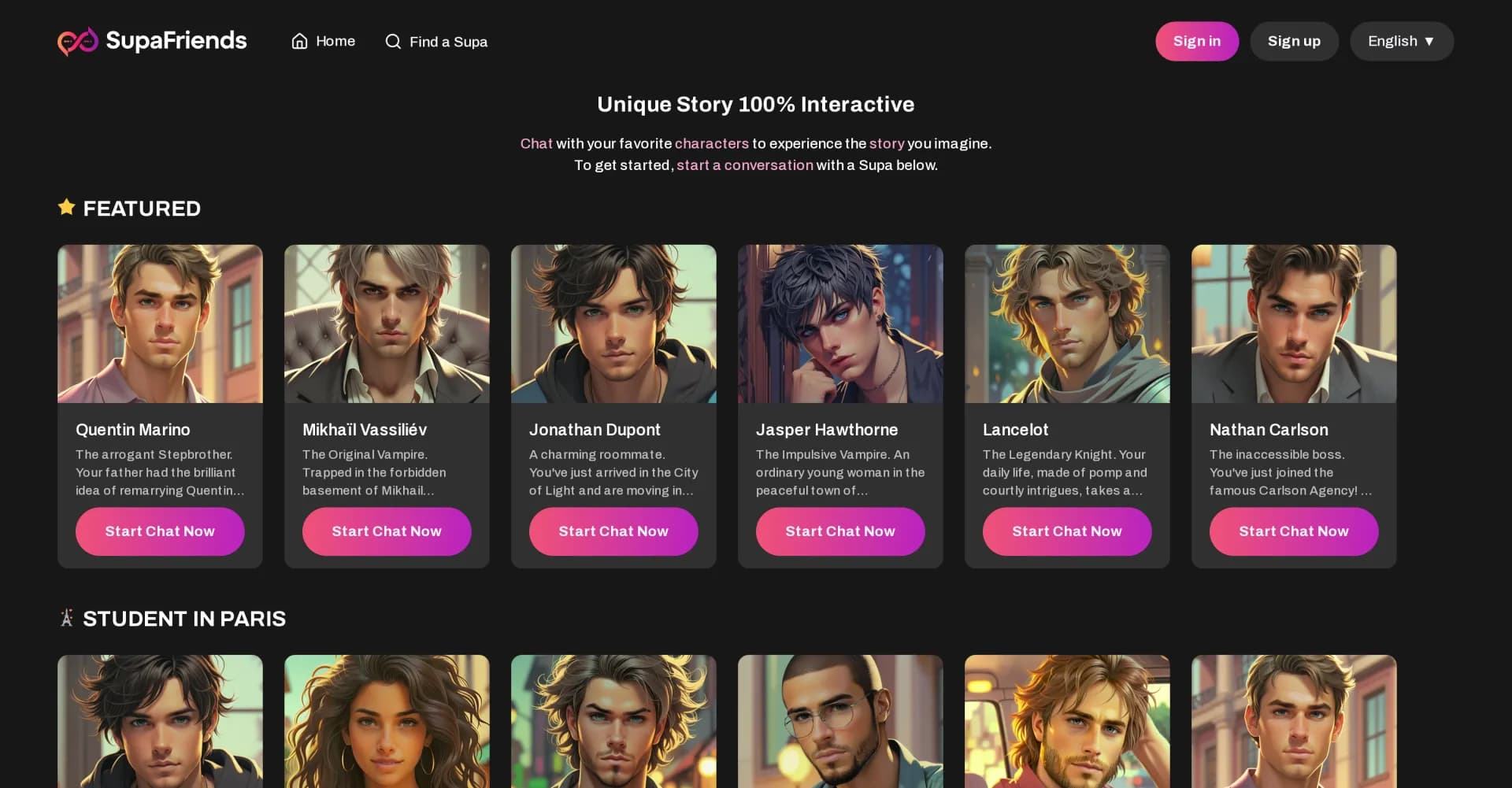 SupaFriends homepage screenshot — Chat with AI characters for personalized romance stories