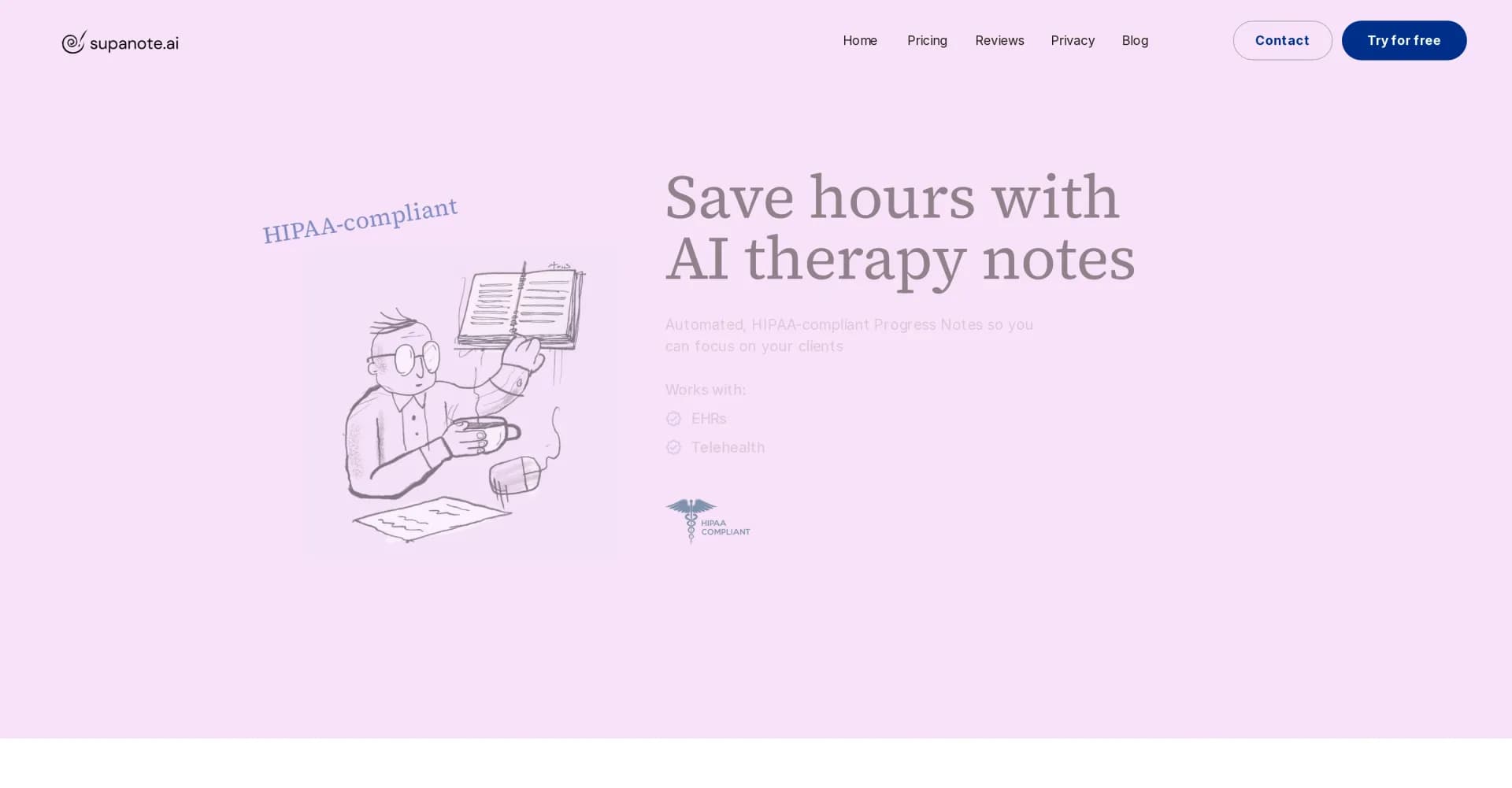 Supanote homepage screenshot — HIPAA-compliant AI scribe for automated therapy notes.