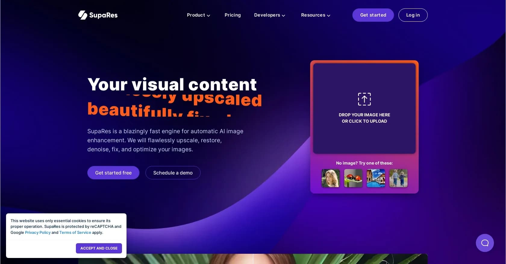 SupaRes AI Image Enhancer homepage screenshot — Enhance images with blazing-fast AI.