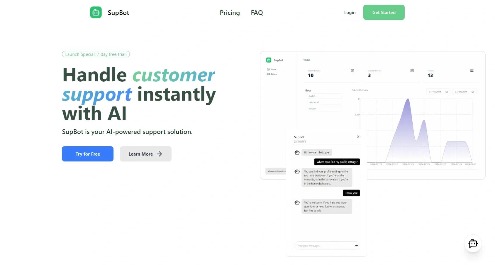 SupBot homepage screenshot — AI-powered instant customer support bots
