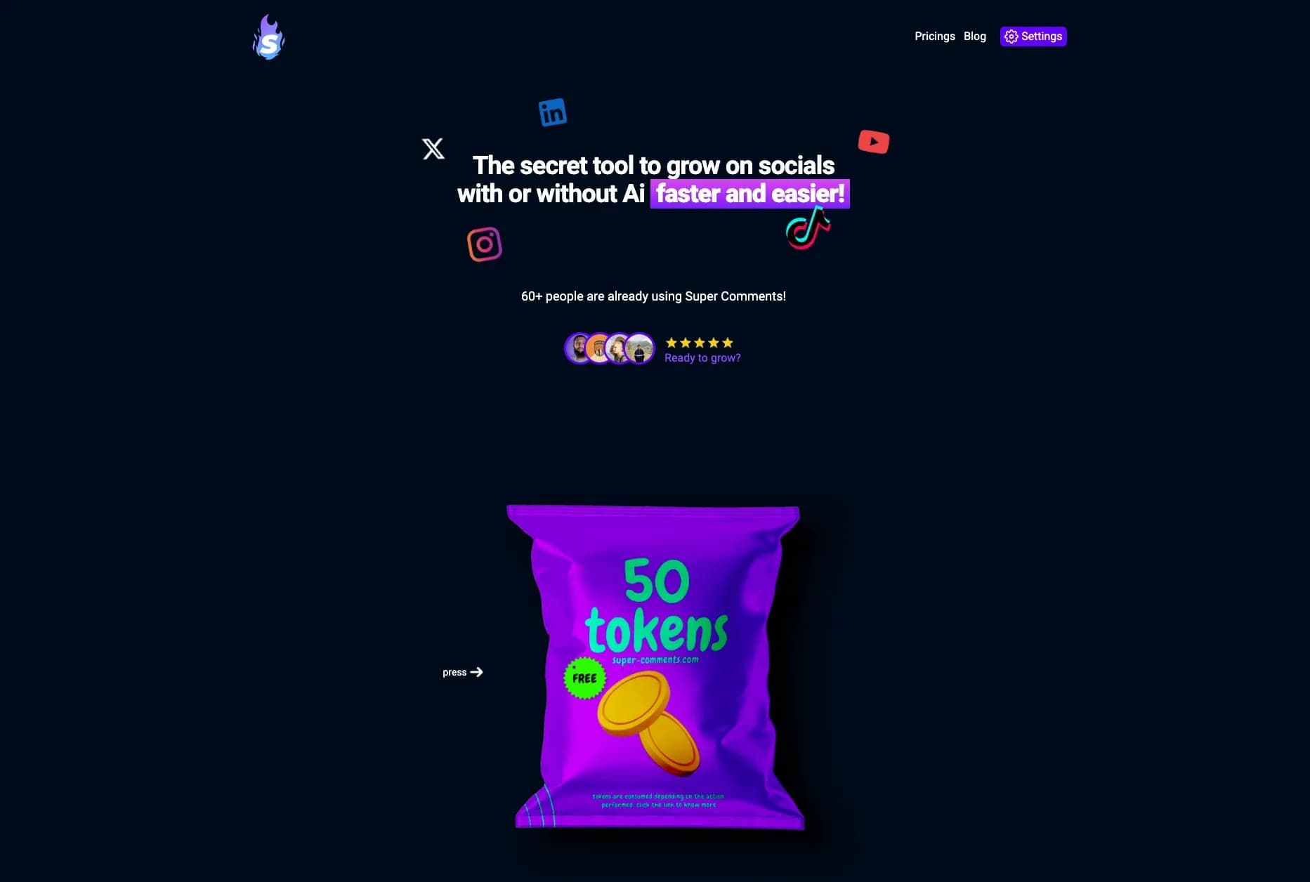 Super Comments AI homepage screenshot — Schedule your posts, Ai posts, Human-like comments with AI o
