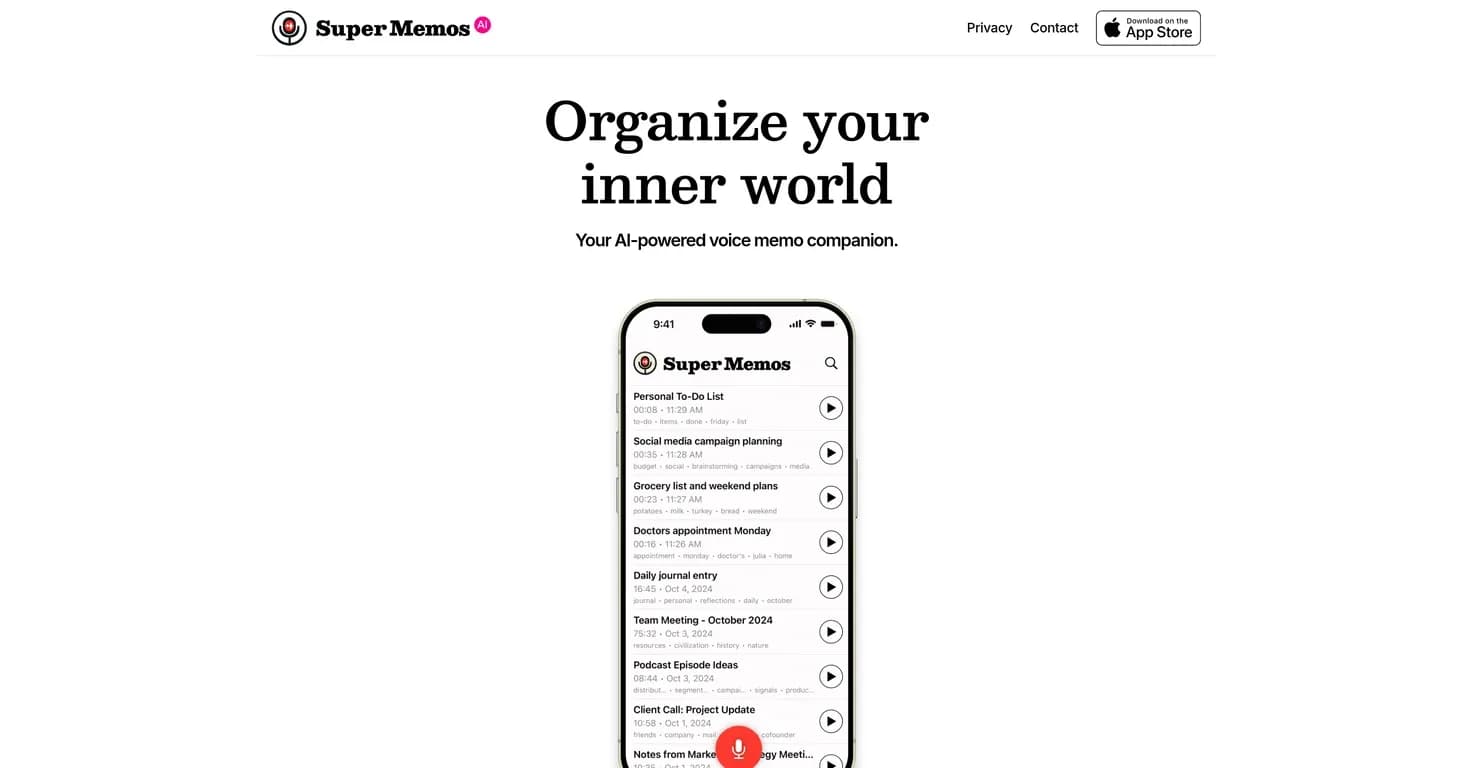 Super Memos AI homepage screenshot — Effortlessly capture and organize thoughts with AI voice mem