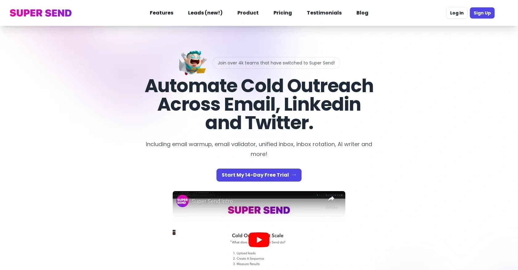 Super Send homepage screenshot — Automate cold outreach across multiple platforms.