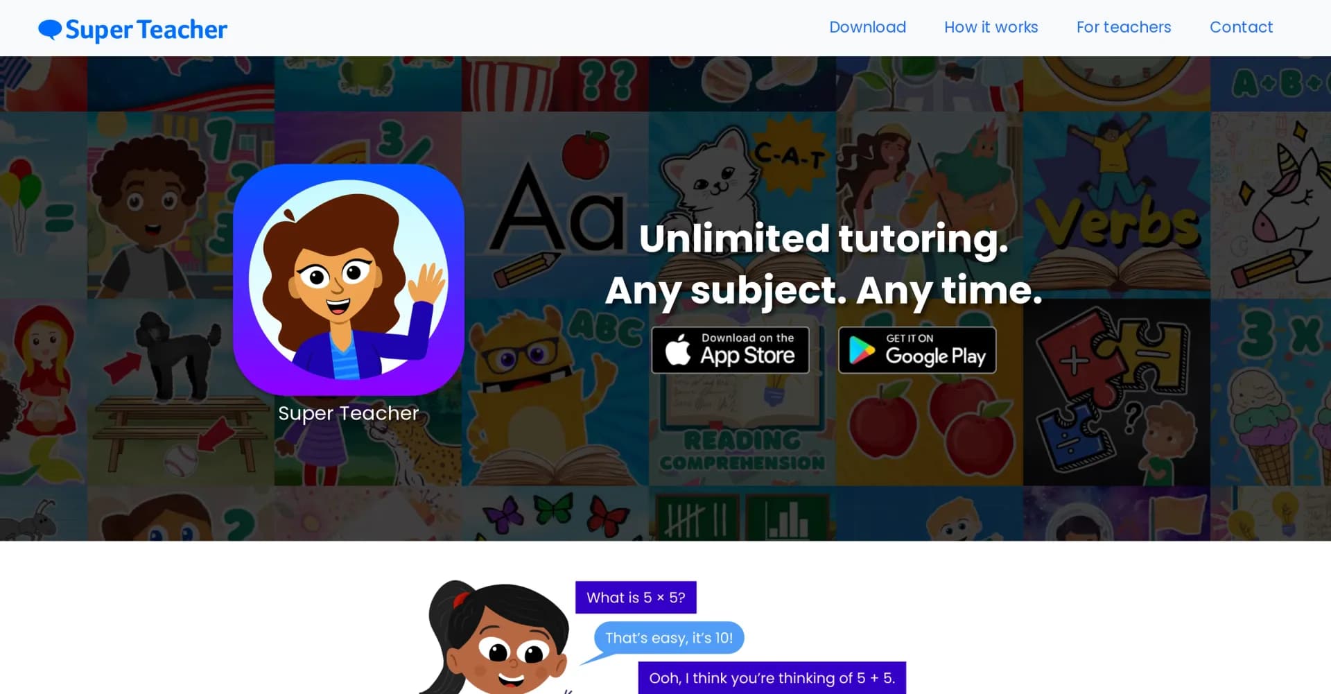 Super Teacher homepage screenshot — Unlimited tutoring, any subject, anytime.