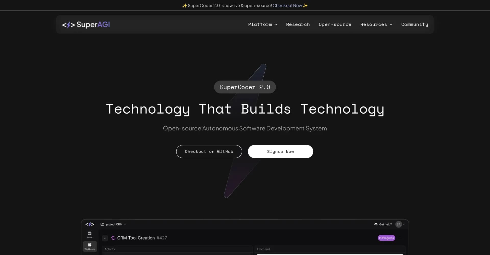 SuperCoder 2.0 homepage screenshot — Autonomous AI system for software development