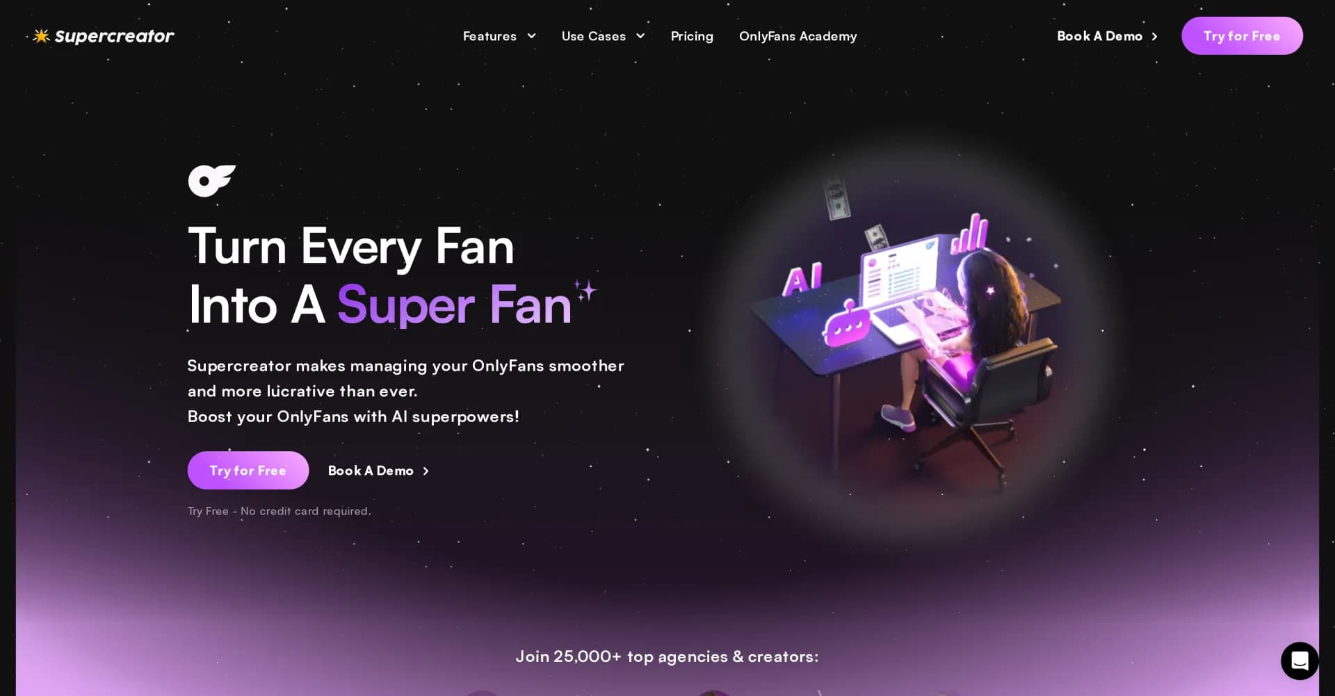 Supercreator homepage screenshot — Supercharge your OnlyFans agency with AI-powered tools.