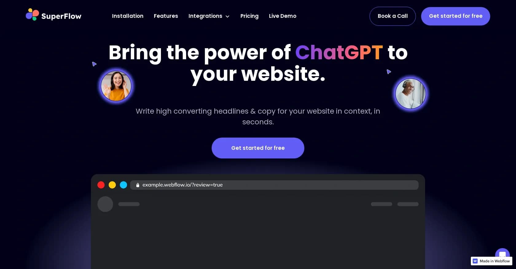 Superflow Rewrite homepage screenshot — Rewrite website copy using ChatGPT in seconds.