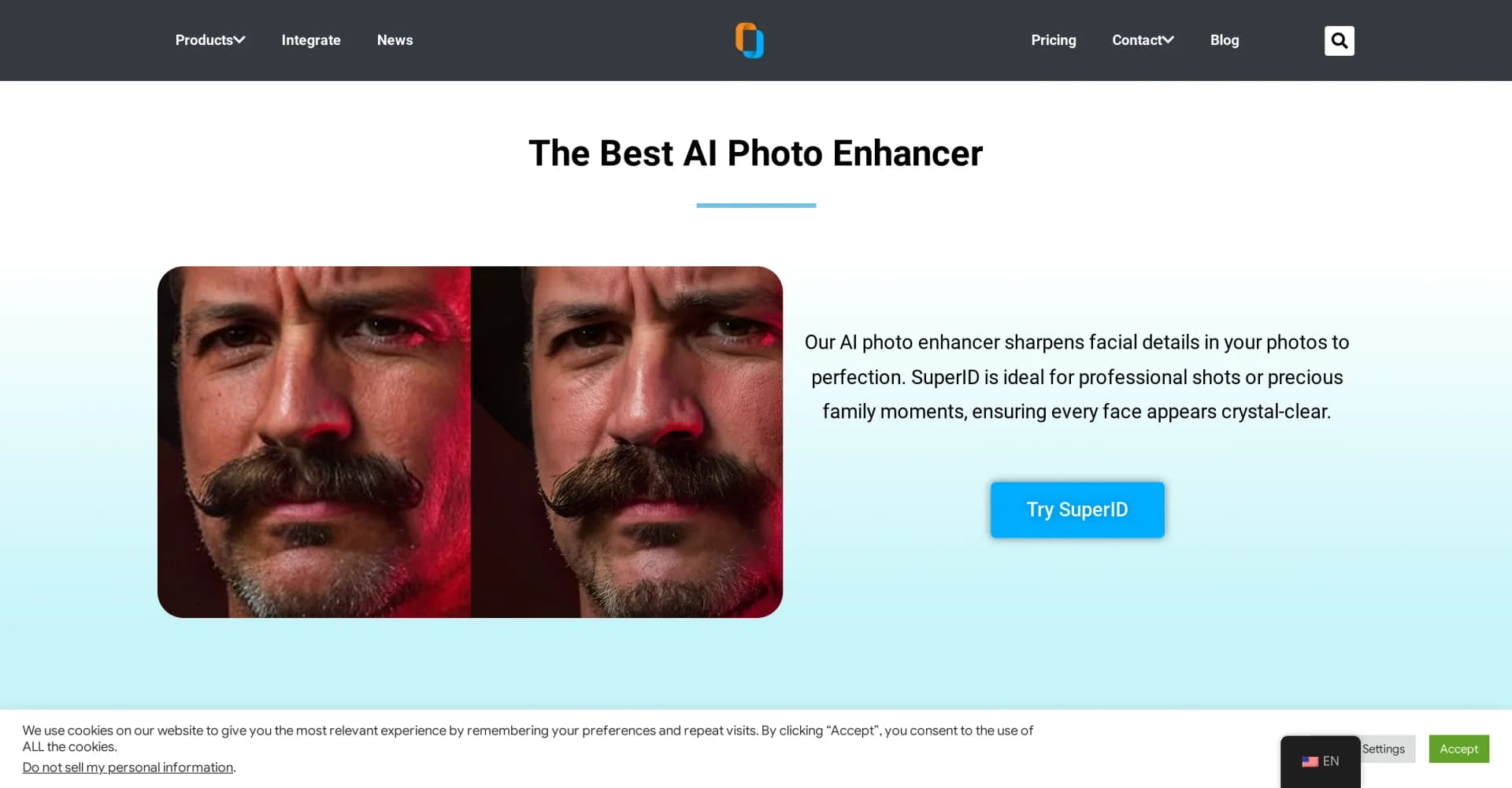 SuperID homepage screenshot — Elevate faces with AI-powered photo enhancement.