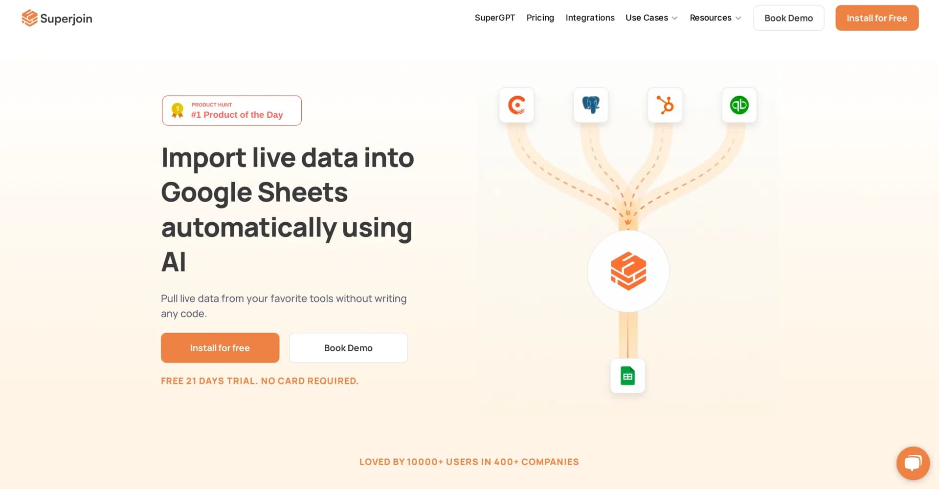 Superjoin homepage screenshot — Import live data into Google Sheets automatically using AI