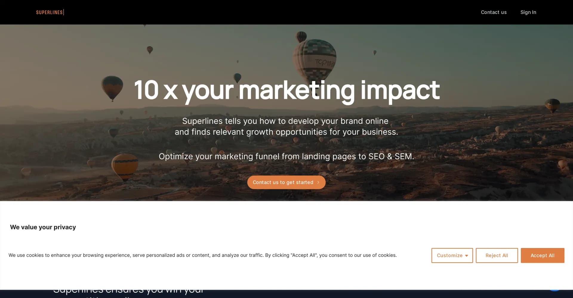 Superlines homepage screenshot — 10x your marketing impact with AI-powered insights