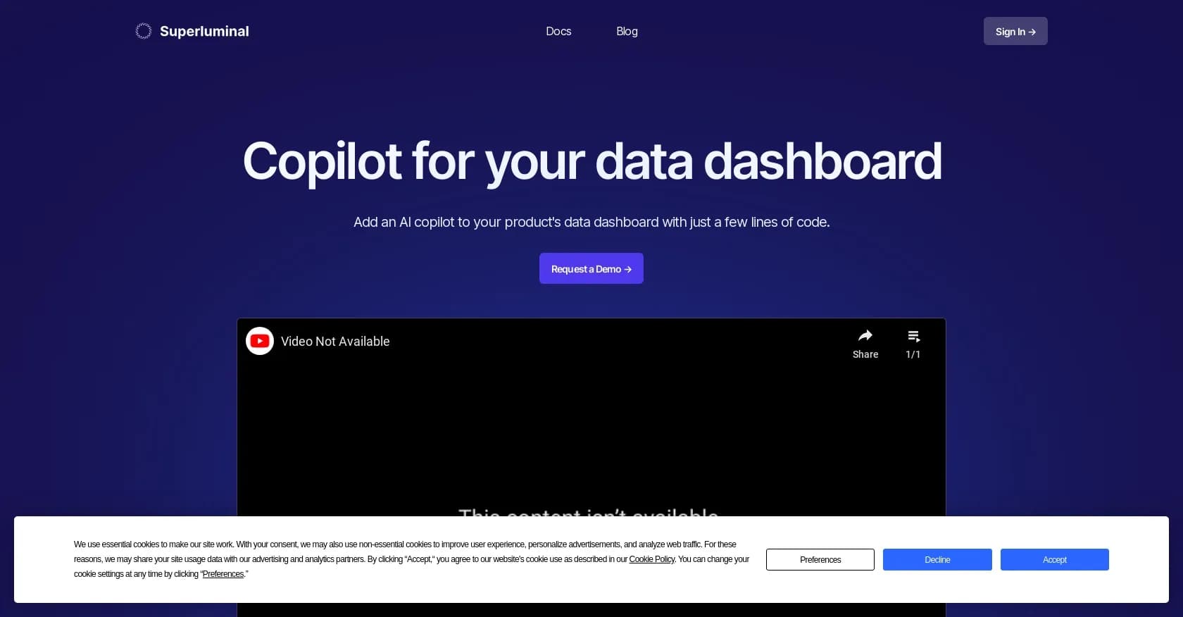 Superluminal homepage screenshot — Conversations & accurate answers for dashboards.