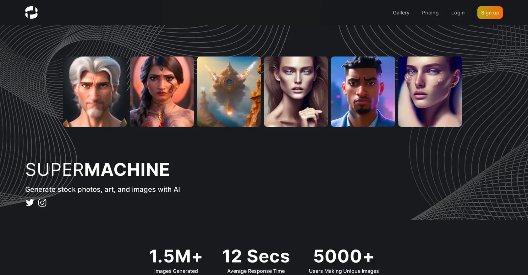 SUPERMACHINE homepage screenshot — Generate AI-powered images from text in seconds.