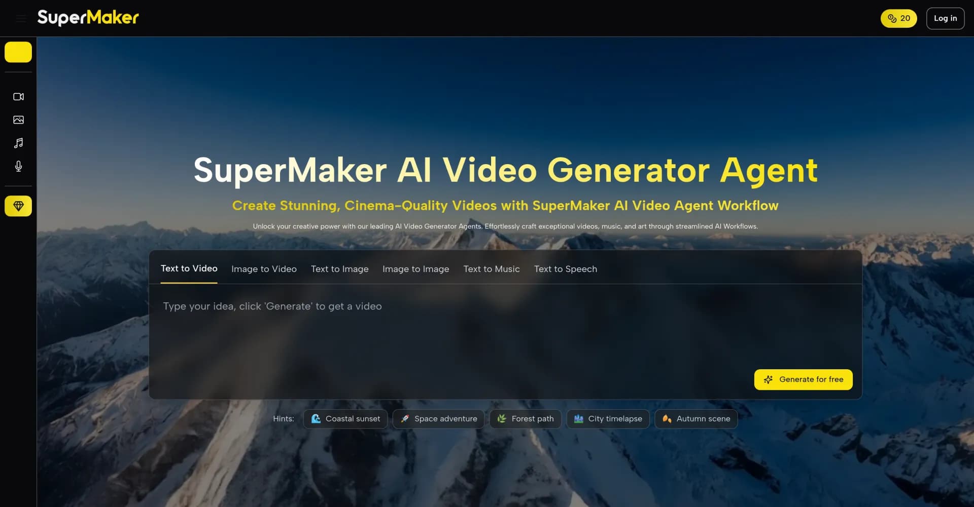 SuperMaker homepage screenshot — AI-powered video creation with audio and visuals