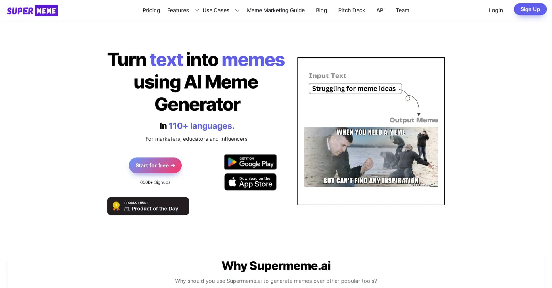 Supermeme.ai homepage screenshot — Turn any text into AI memes