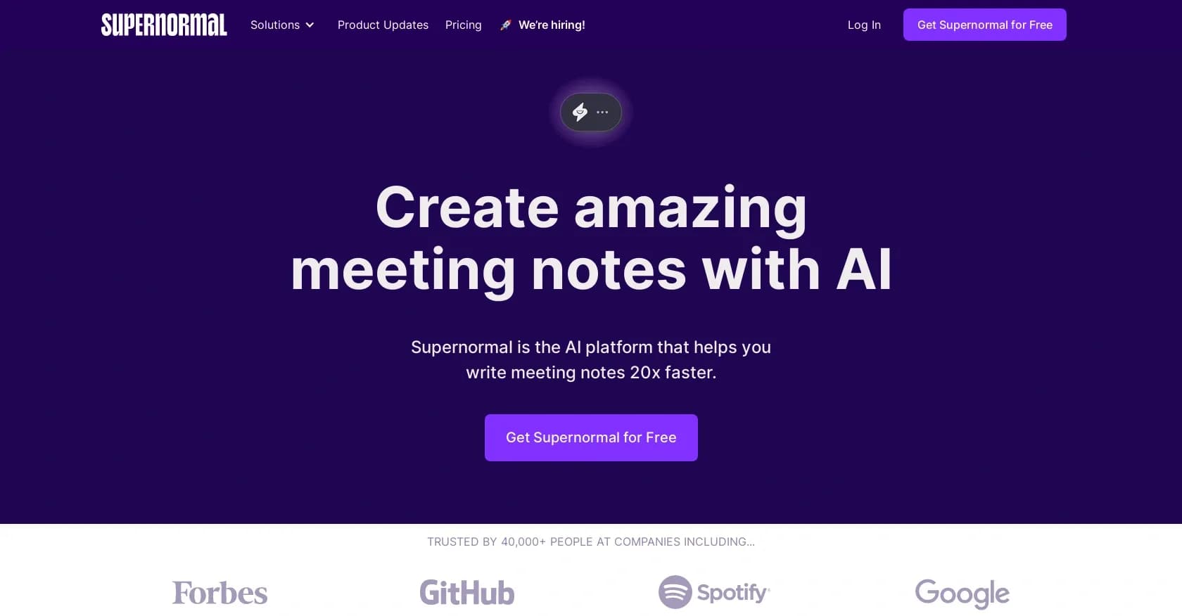 Supernormal homepage screenshot — AI that writes your meeting notes