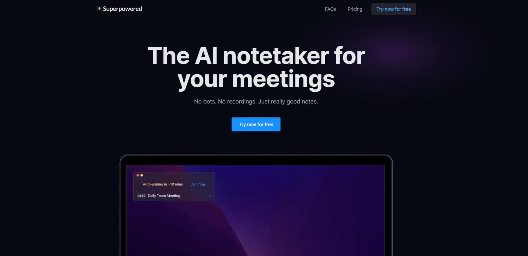 Superpowered Me homepage screenshot — AI copilot for meetings: No bots, just great notes.