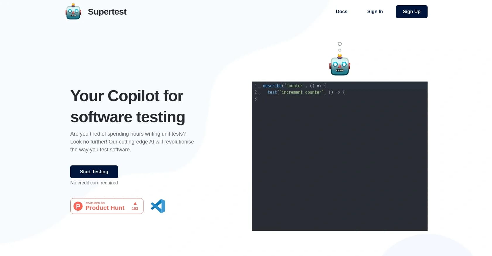 Supertest homepage screenshot — AI copilot for software testing
