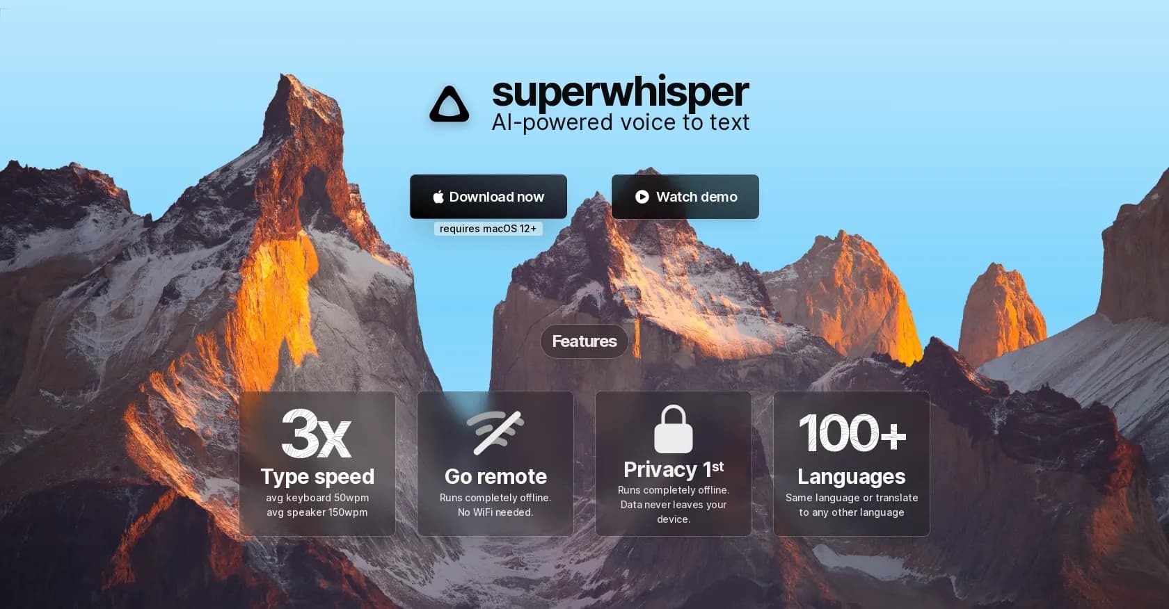 Superwhisper homepage screenshot — AI-powered voice to text for macOS