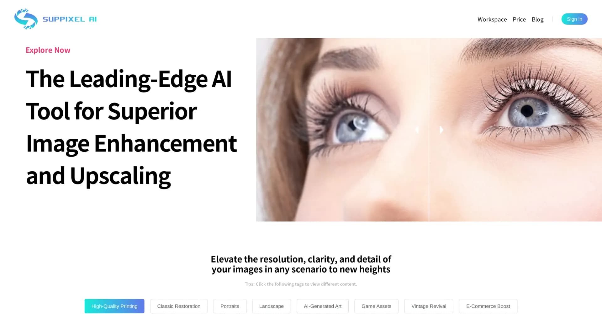 SupPixel AI homepage screenshot — AI-powered image upscaling and enhancement