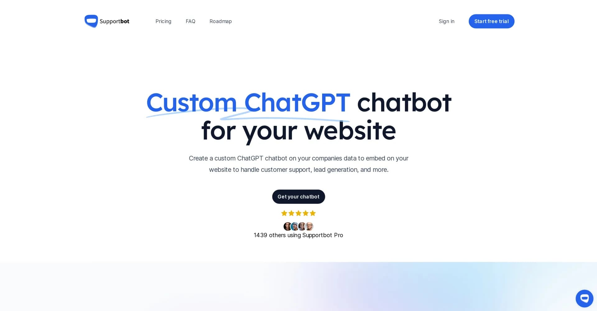 Supportbot Pro homepage screenshot — AI chatbot for customer support and lead generation