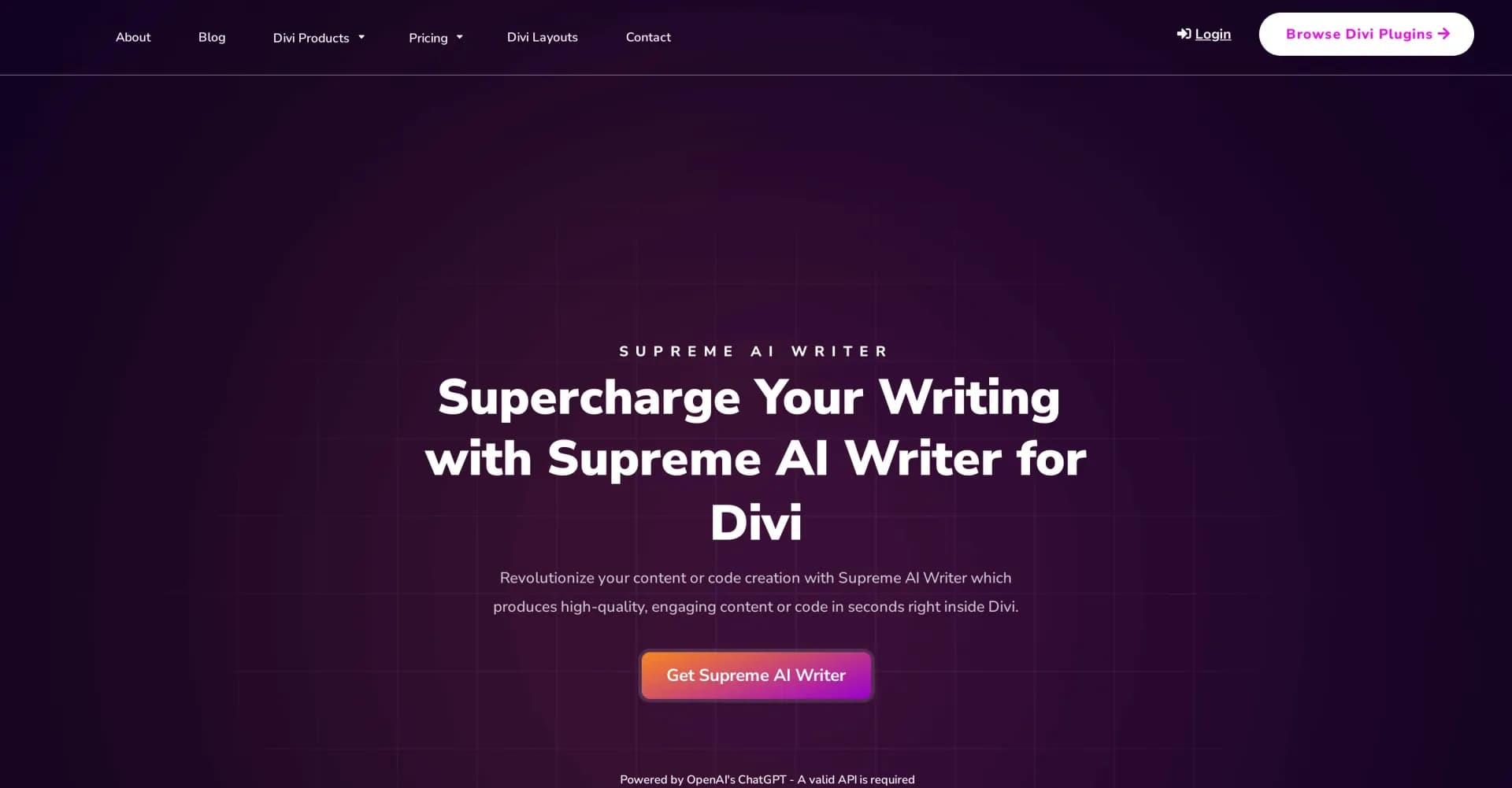 Supreme AI Writer homepage screenshot — AI-powered content creation inside Divi.