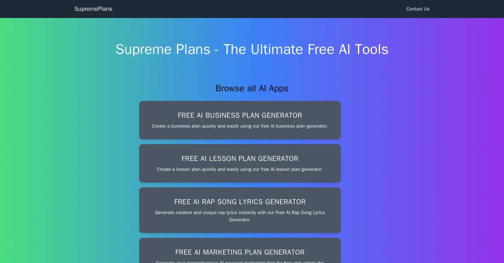 Supreme Plans homepage screenshot — AI tools to turn ideas into reality