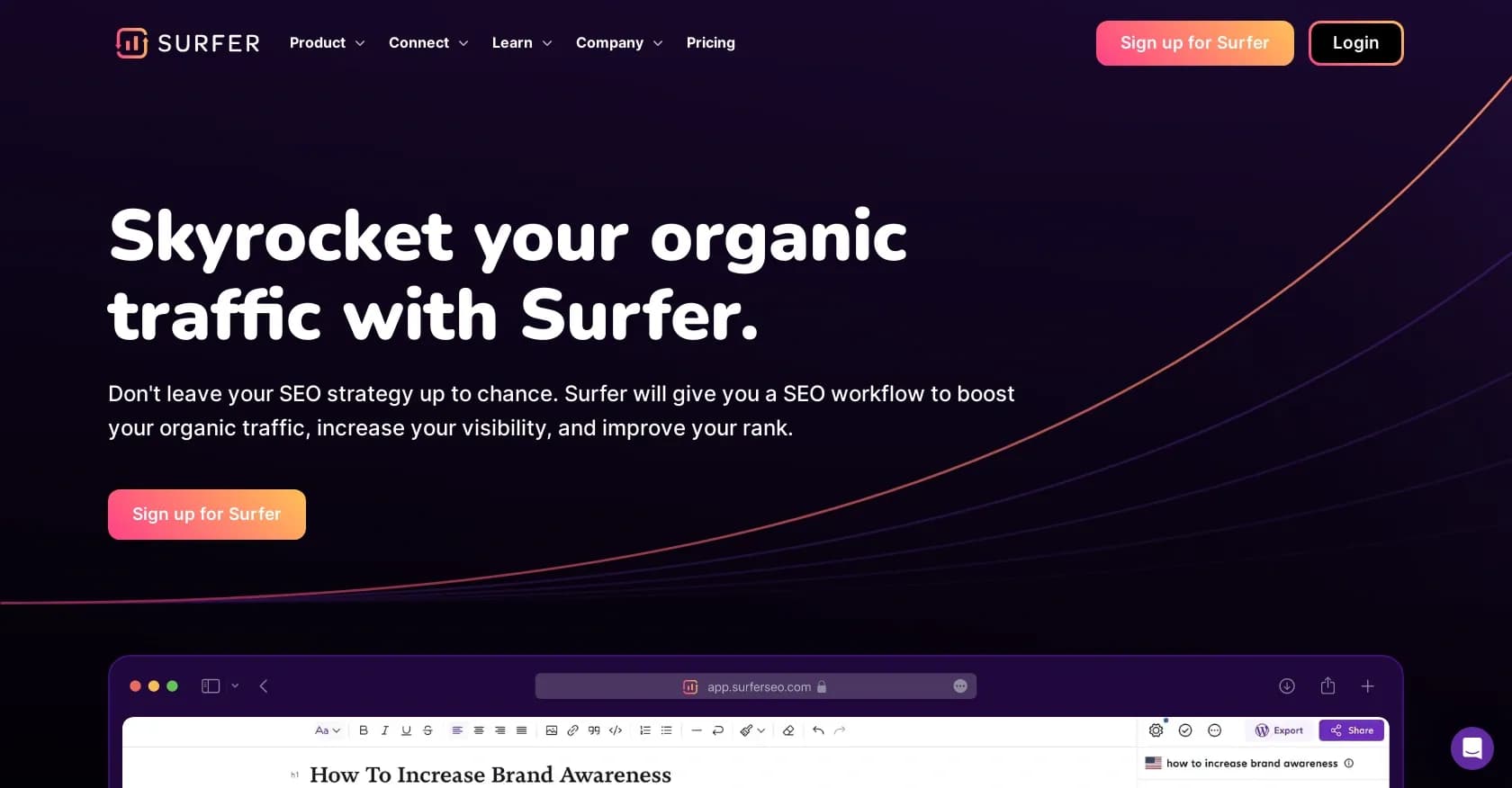 SurferSEO homepage screenshot — Skyrocket your organic traffic with AI-powered SEO tools.