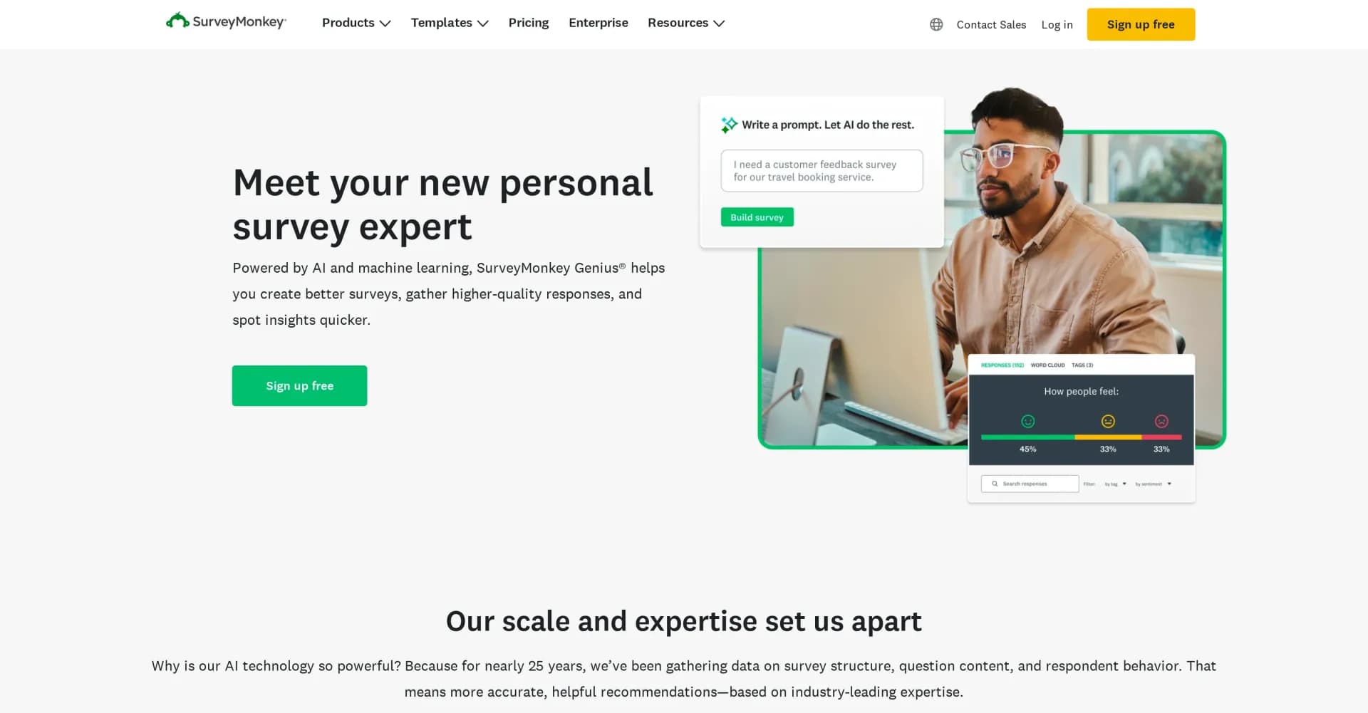 SurveyMonkey Genius homepage screenshot — Create AI-powered surveys with expert insights.