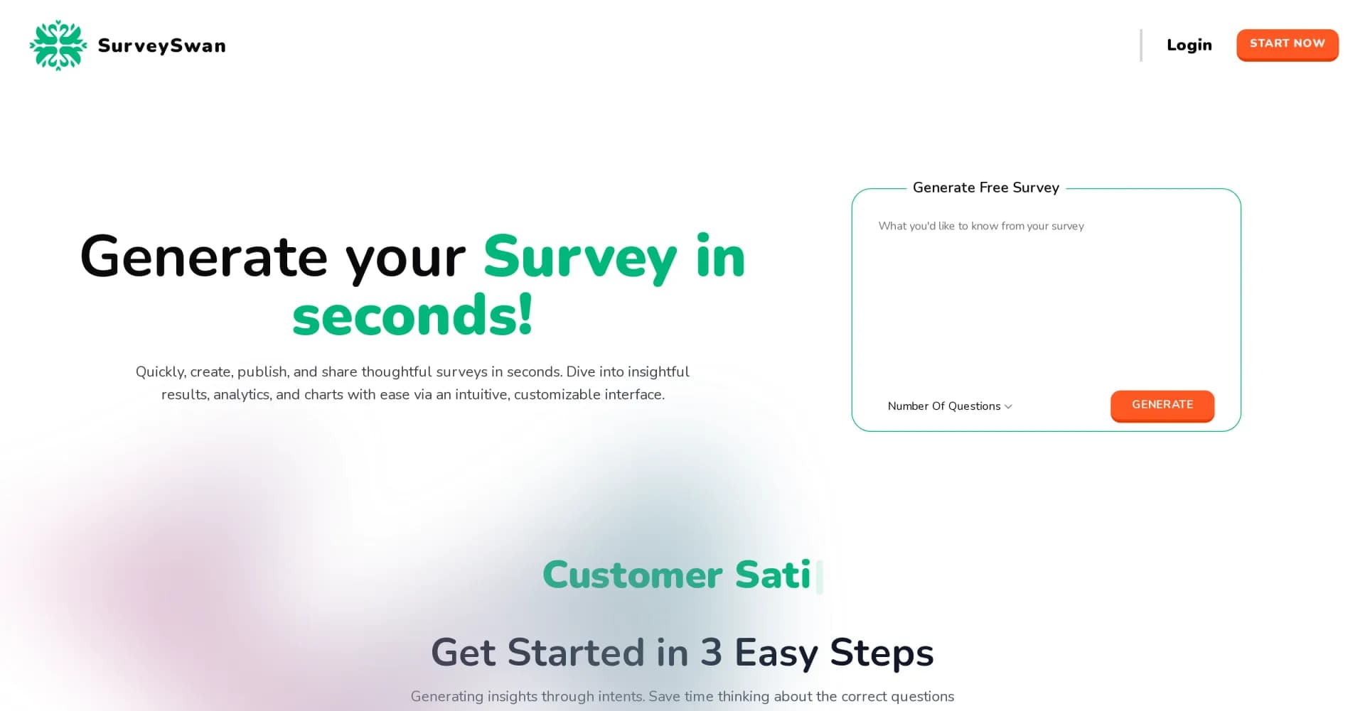 SurveySwan homepage screenshot — AI-powered surveys made simple and insightful.