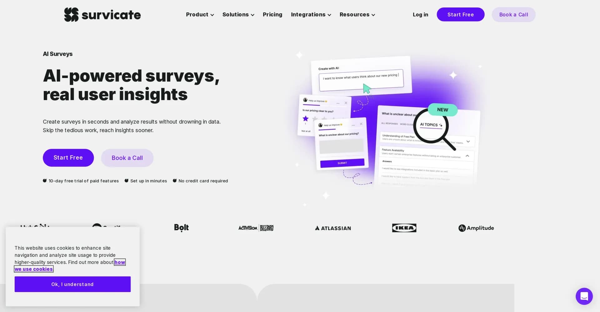 Survicate homepage screenshot — AI surveys: Create fast, analyze effortlessly.