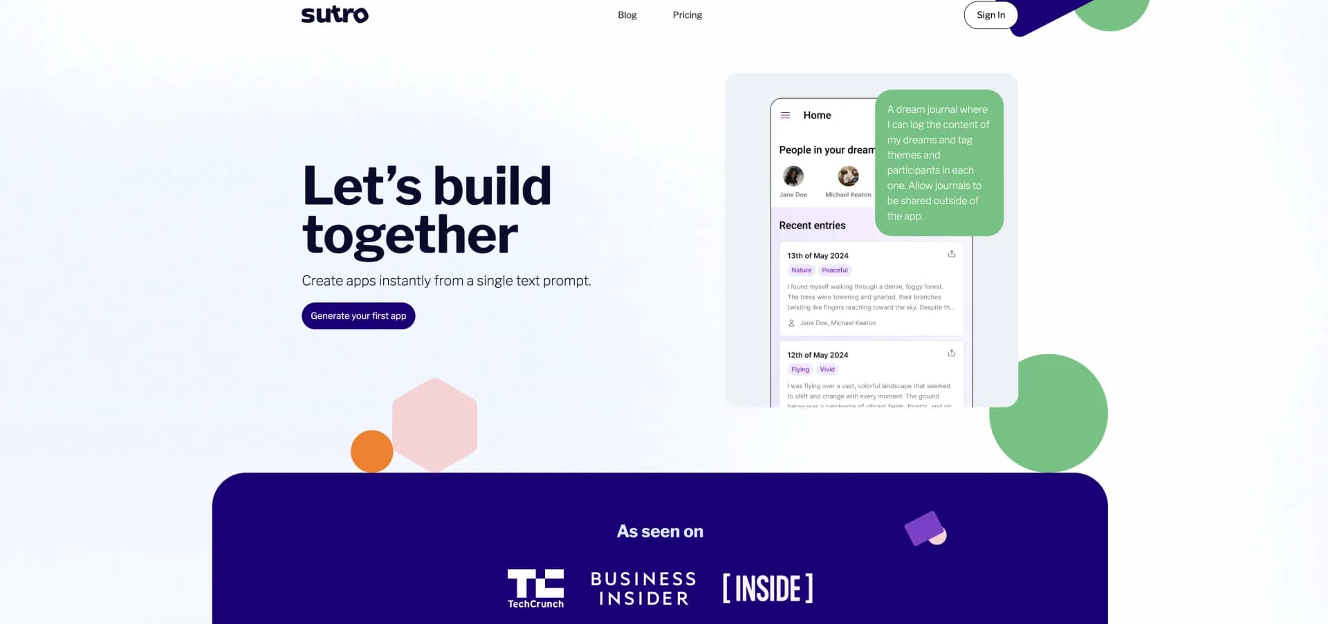 Sutro homepage screenshot — Build your app in 5 minutes, no coding required.