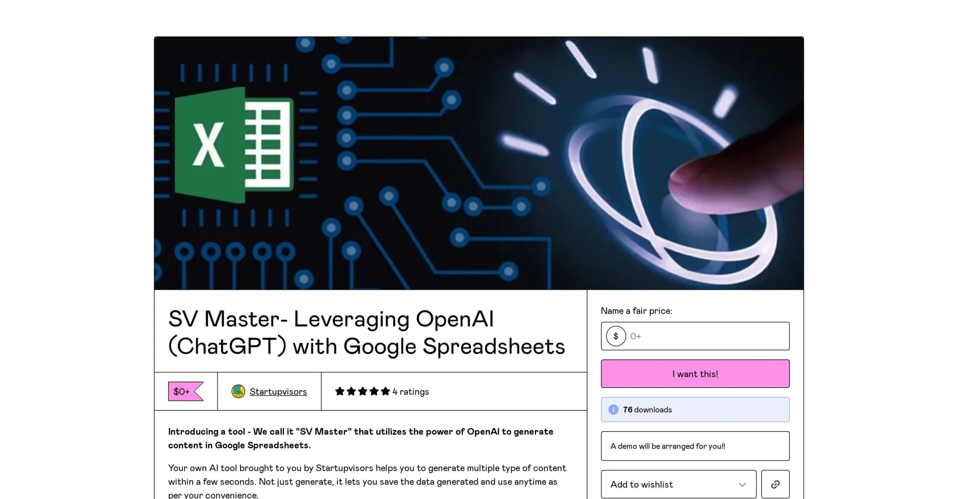 SV Master by Startupvisors homepage screenshot — Generate AI content in Google Sheets instantly.