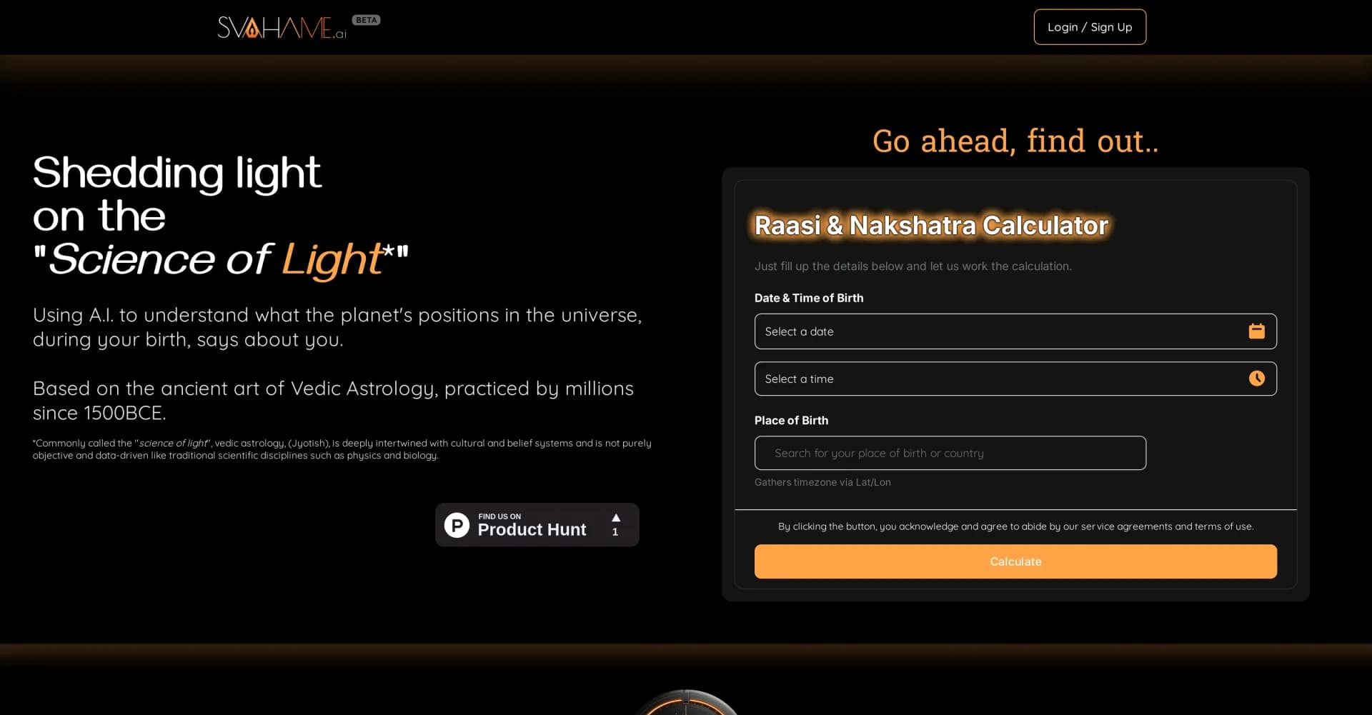SvahaMe homepage screenshot — AI-powered Vedic astrology insights for modern seekers